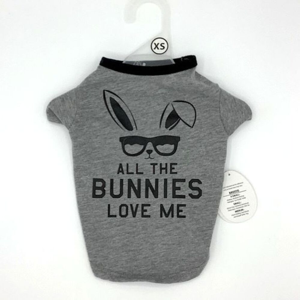 Simply Wag Bunny Graphic Pet Shirt XS – “All The Bunnies Love Me” Gray